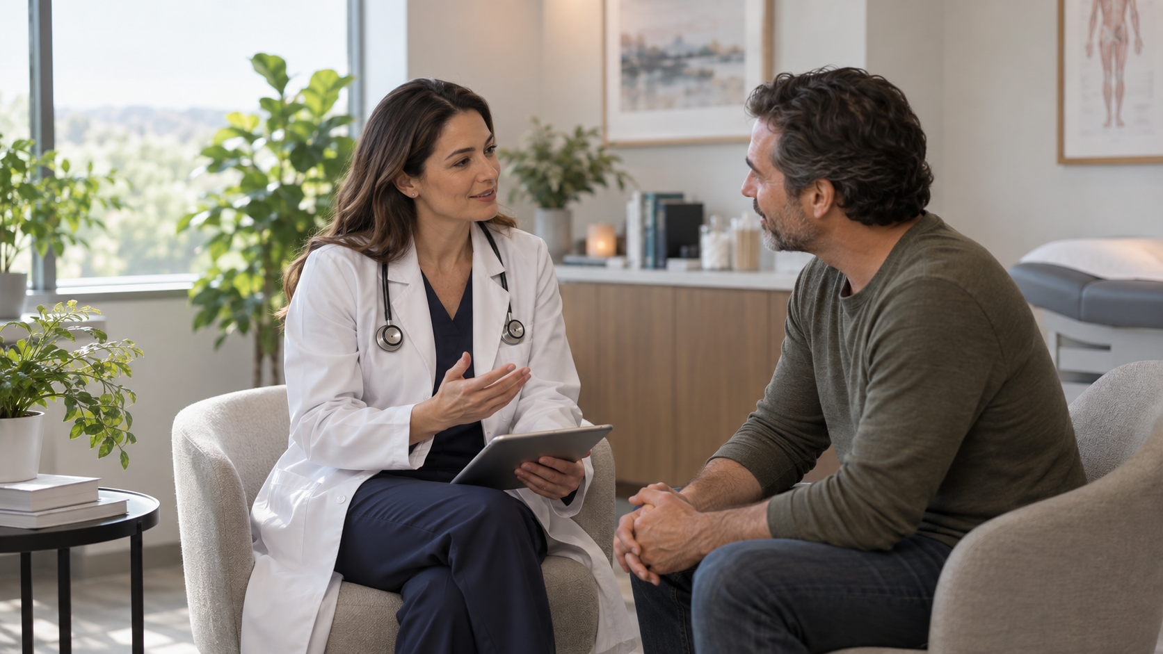 Médica em conversa com paciente durante uma consulta